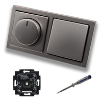 Busch Jäger 6523U-102 LED Drehdimmer Dimmer + Dimmerscheibe 6540-866-102 und Kreuzschalter 2000/7 US in PUR Edelstahl inklusive EBROM Phasenprüfer zur Montage der Geräte 6523 U – 102