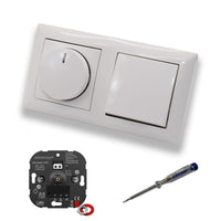 EBROM 1003 Universal ECO LED Drehdimmer Dimmer + Busch Jäger Dimmerscheibe 2115-914 und Lichtschalter 2000/6 US in Balance Si alpinweiß glänzend inklusive EBROM Phasenprüfer zur Montage der Geräte