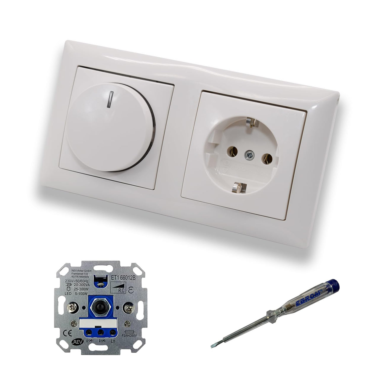 REV Ritter LED Drehdimmer Dimmer + Busch Jäger Dimmerscheibe 2115-914 und Steckdose Kinderschutz 20EUCKS-914 in Balance Si alpinweiß glänzend inkl. EBROM Phasenprüfer zur Montage der Geräte ET1 66012B
