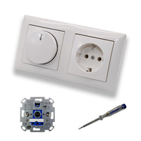 REV Ritter LED Drehdimmer Dimmer + Busch Jäger Dimmerscheibe 2115-914 und Steckdose Kinderschutz 20EUCKS-914 in Balance Si alpinweiß glänzend inkl. EBROM Phasenprüfer zur Montage der Geräte ET1 66012B