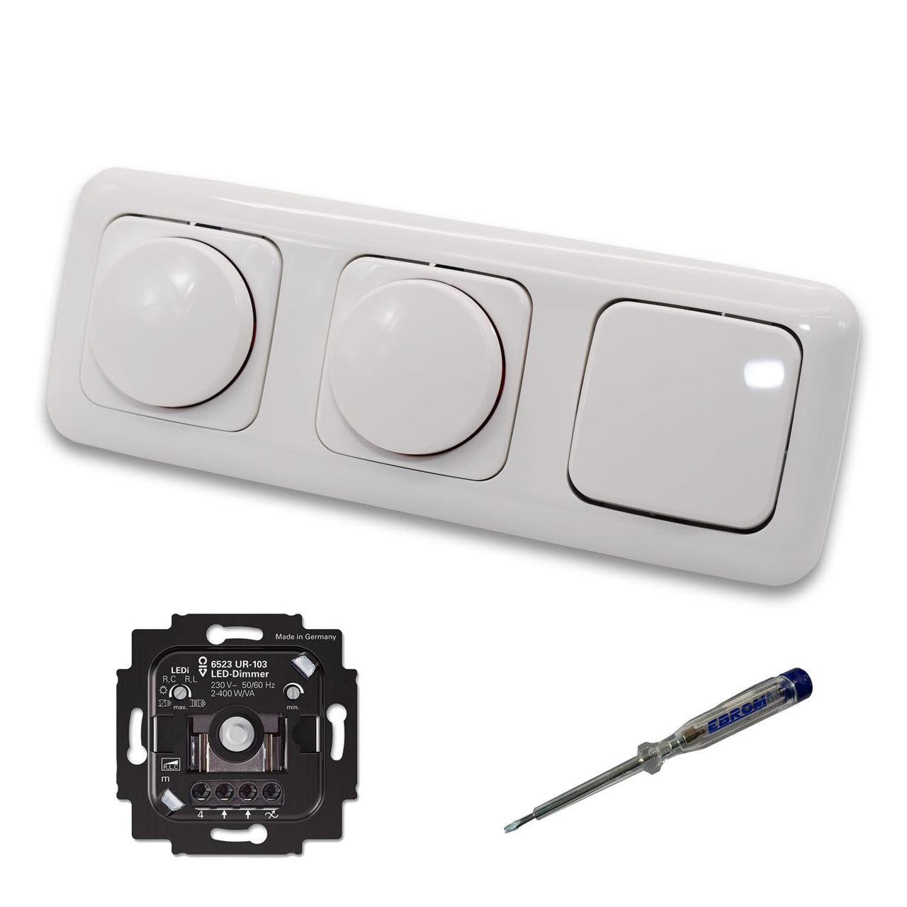 Busch Jäger 6523UR-103 (2 x) LED Drehdimmer Dimmer + Dimmerscheiben 2115-214 und Lichtschalter 2000/6 US in Reflex Si alpinweiß glänzend inklusive EBROM Phasenprüfer zur Montage der Geräte 6523 UR-103