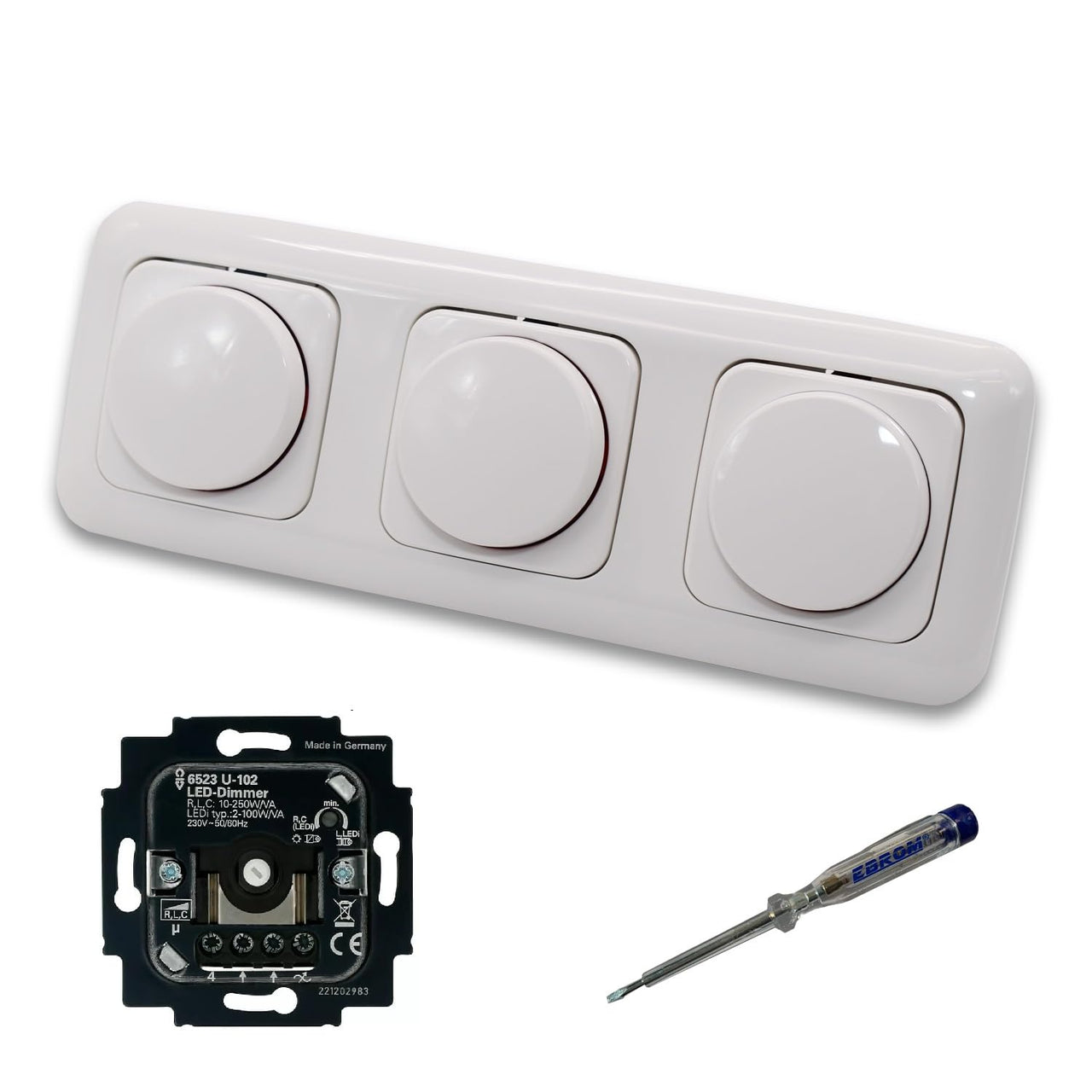 Busch Jäger 6523U-102 (3 Stück) LED Drehdimmer Dimmer + Dimmerscheiben 2115-214 in ReflexSi alpinweiß glänzend im 3-fach Rahmen inkl. EBROM Phasenprüfer zur Montage der Geräte 6523 U - 102