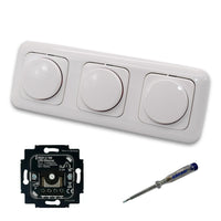 Busch Jäger 6523U-102 (3 Stück) LED Drehdimmer Dimmer + Dimmerscheiben 2115-214 in ReflexSi alpinweiß glänzend im 3-fach Rahmen inkl. EBROM Phasenprüfer zur Montage der Geräte 6523 U - 102