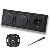 Busch Jäger 6523UR-103 (2 x) LED Drehdimmer Dimmer + Dimmerscheibe 6540-885-102 + Steckdose 20EUC-885 in Future Linear schwarz matt inklusive EBROM Phasenprüfer zur Montage der Geräte 6523 UR-103