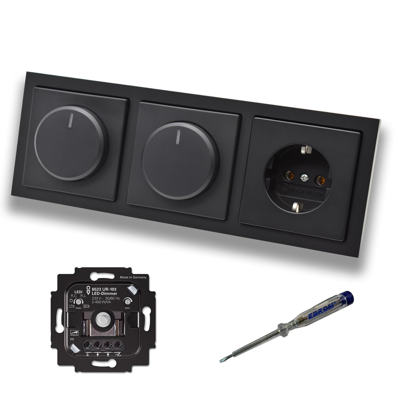 Busch Jäger 6523UR-103 (2 x) LED Drehdimmer Dimmer + Scheiben 6540-885-102 und Steckdose mit Kinderschutz 20EUCKS-885 in Future Linear schwarz matt + EBROM Phasenprüfer zur Montage der Geräte