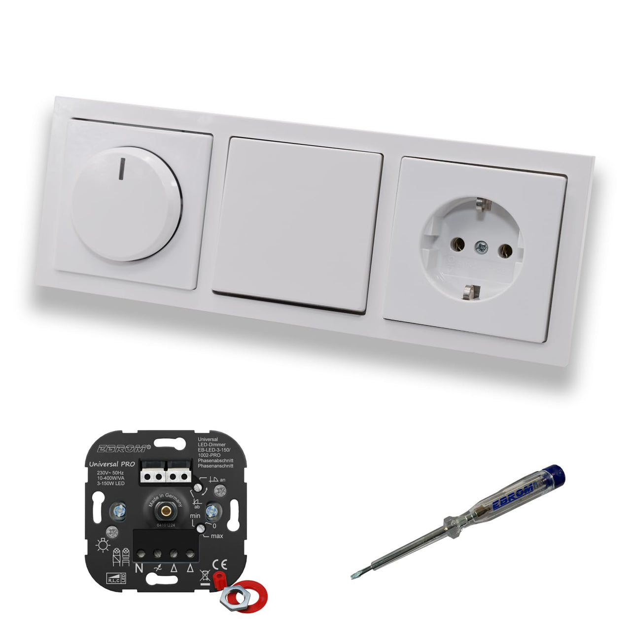 EBROM 1002 Universal PRO LED Drehdimmer Dimmer + Busch Jäger Dimmerscheibe 6540-84-102 + Lichtschalter 2000/6US + Steckdose 20EUC-84 Future Linear Studioweiß + EBROM Phasenprüfer z.Montage d.Geräte