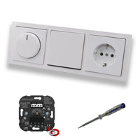 EBROM 1002 Universal PRO LED Drehdimmer Dimmer + Busch Jäger Scheibe 6540-84-102 + Kreuzschalter 2000/7US + Steckdose Kinderschutz 20EUCKS-84 Future Linear Studioweiß + EBROM Phasenprüfer zur Montage