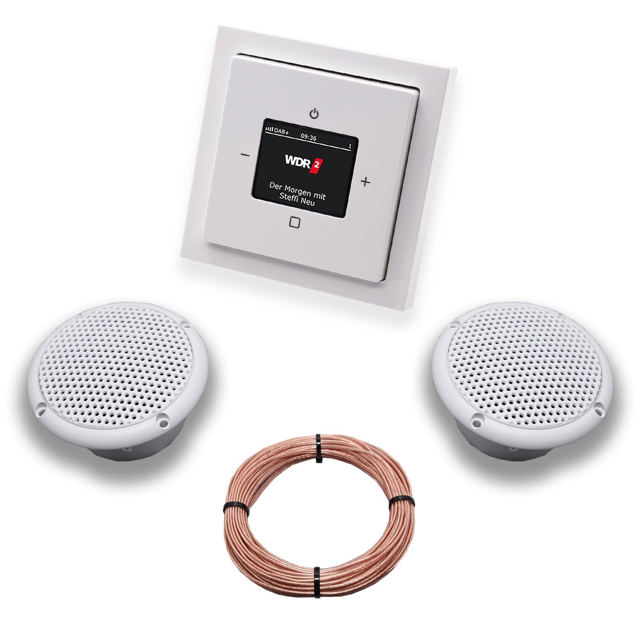 Busch Jäger DAB+ (DAB PLUS) Unterputz Radio 8215U-101 Future Linear Studioweiß, Komplett-Set mit 2 x Decken Feuchtraumlautsprecher/Badezimmer + 20 m Lautsprecherkabel 2x0,75 mm2 8215U