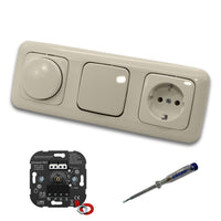 EBROM 1002 Universal PRO LED Drehdimmer Dimmer + Busch Jäger Dimmerscheibe 2115-212 + Taster 2020US + Steckdose 20EUC-212 DURO2000 cremeweiß glänzend + EBROM Phasenprüfer zur Montage der Geräte