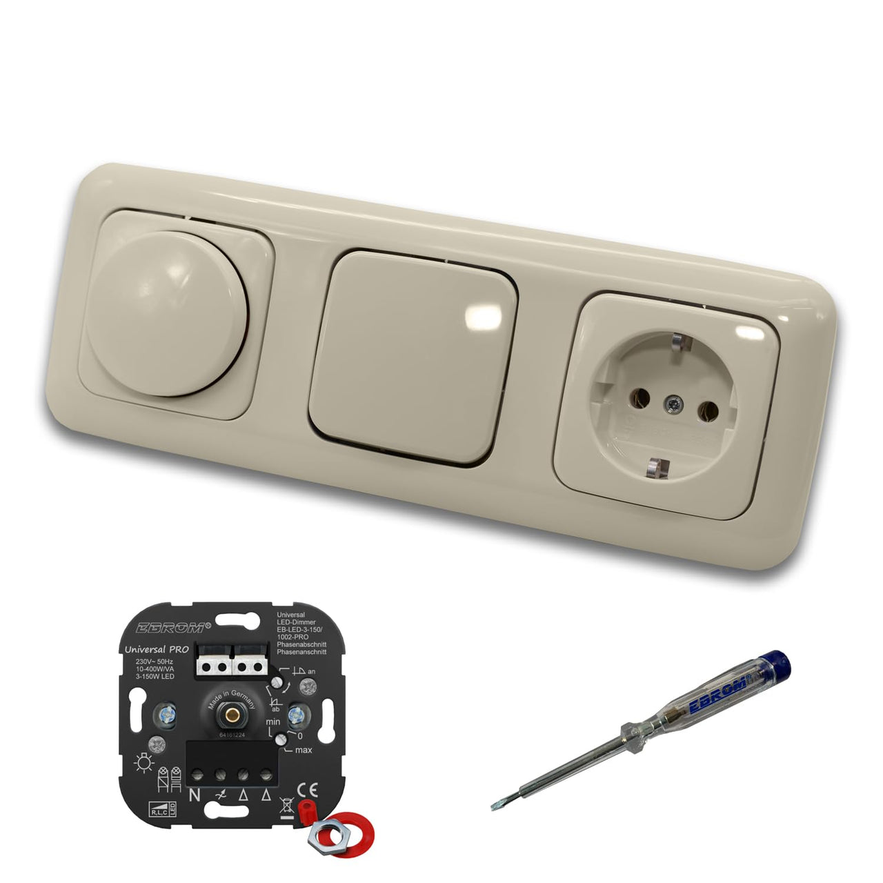 EBROM 1002 Universal PRO LED Drehdimmer Dimmer + Busch Jäger Dimmerscheibe 2115-212 + Kreuzschalter 2000/7US + Steckdose 20EUC-212 DURO2000 cremeweiß glänzend + EBROM Phasenprüfer zur Montage d.Geräte