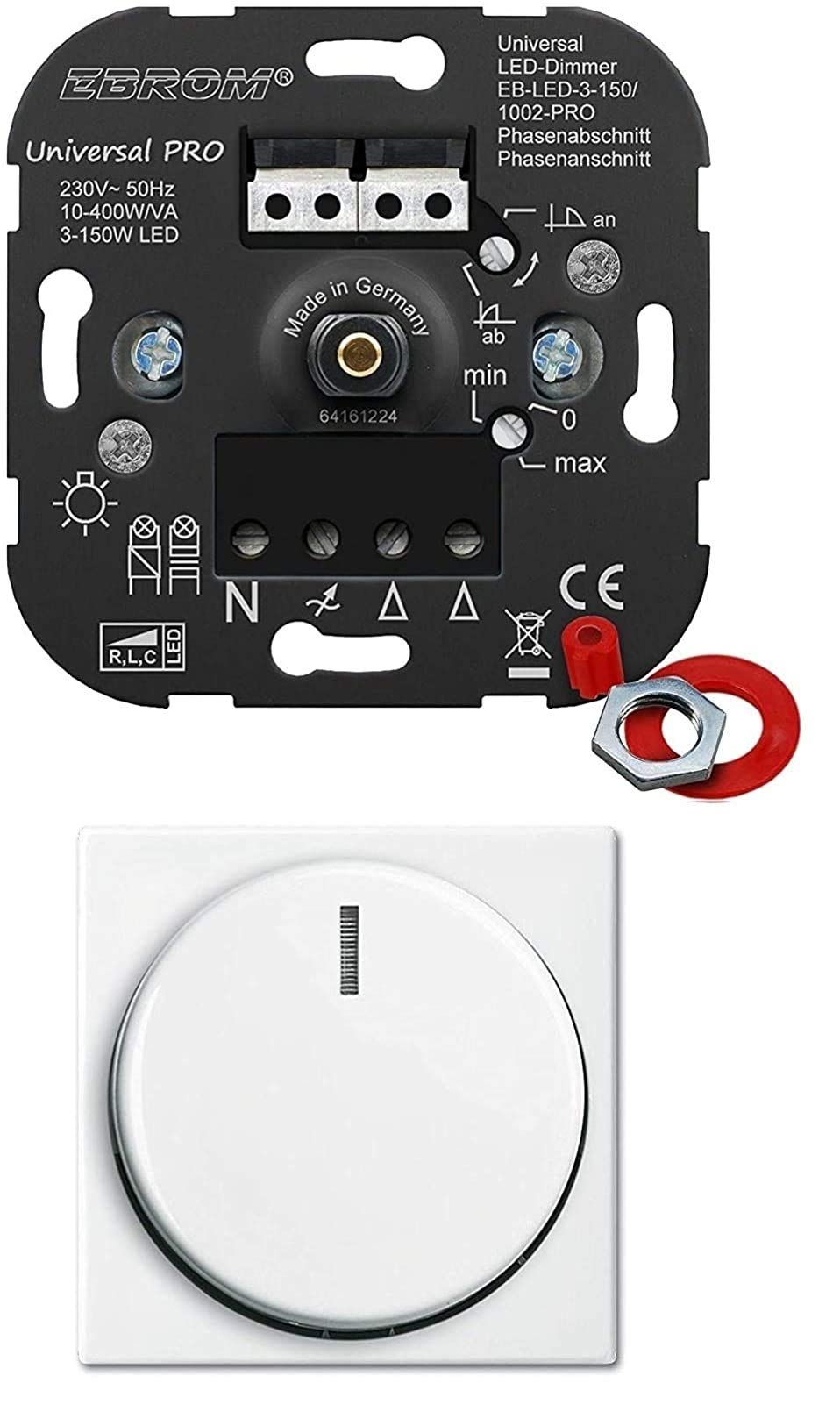 EBROM® Unterputz UNIVERSAL LED Dimmer Drehdimmer Phasenabschnitt + Phasenanschnitt LED 3-150 Watt, Halogen 10-400 W/VA „der AllesDimmer“ + Busch Jäger Zentralscheibe 2115-914 in Balance Si alpinweiß