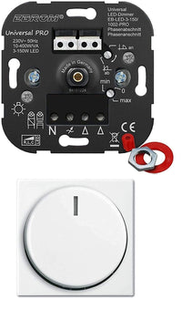 EBROM® Unterputz UNIVERSAL LED Dimmer Drehdimmer Phasenabschnitt + Phasenanschnitt LED 3-150 Watt, Halogen 10-400 W/VA „der AllesDimmer“ + Busch Jäger Zentralscheibe 2115-914 in Balance Si alpinweiß
