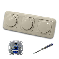 REV Ritter (3 Stück) LED Drehdimmer Dimmer + Busch Jäger Dimmerscheiben 2115-212 in DURO2000 cremeweiß glänzend im 3-fach Rahmen inkl. EBROM Phasenprüfer zur Montage der Geräte ET1 66012B