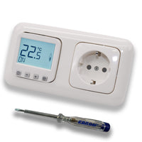 Halmburger Raumthermostat Raumtemperaturregler ERD-1Urg DIGITAL in Busch Jäger Reflex SI alpinweiß 2f Rahmen + Steckdose mit Berührungsschutz 20 EUCKS-214 + EBROM Phasenprüfer zur Montage der Geräte