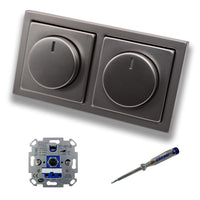REV Ritter (2 Stück) LED Drehdimmer Dimmer + Busch Jäger Dimmerscheiben 6540-866-102 in PUR Edelstahl im 2-fach Rahmen inkl. EBROM Phasenprüfer zur Montage der Geräte ET1 66012B