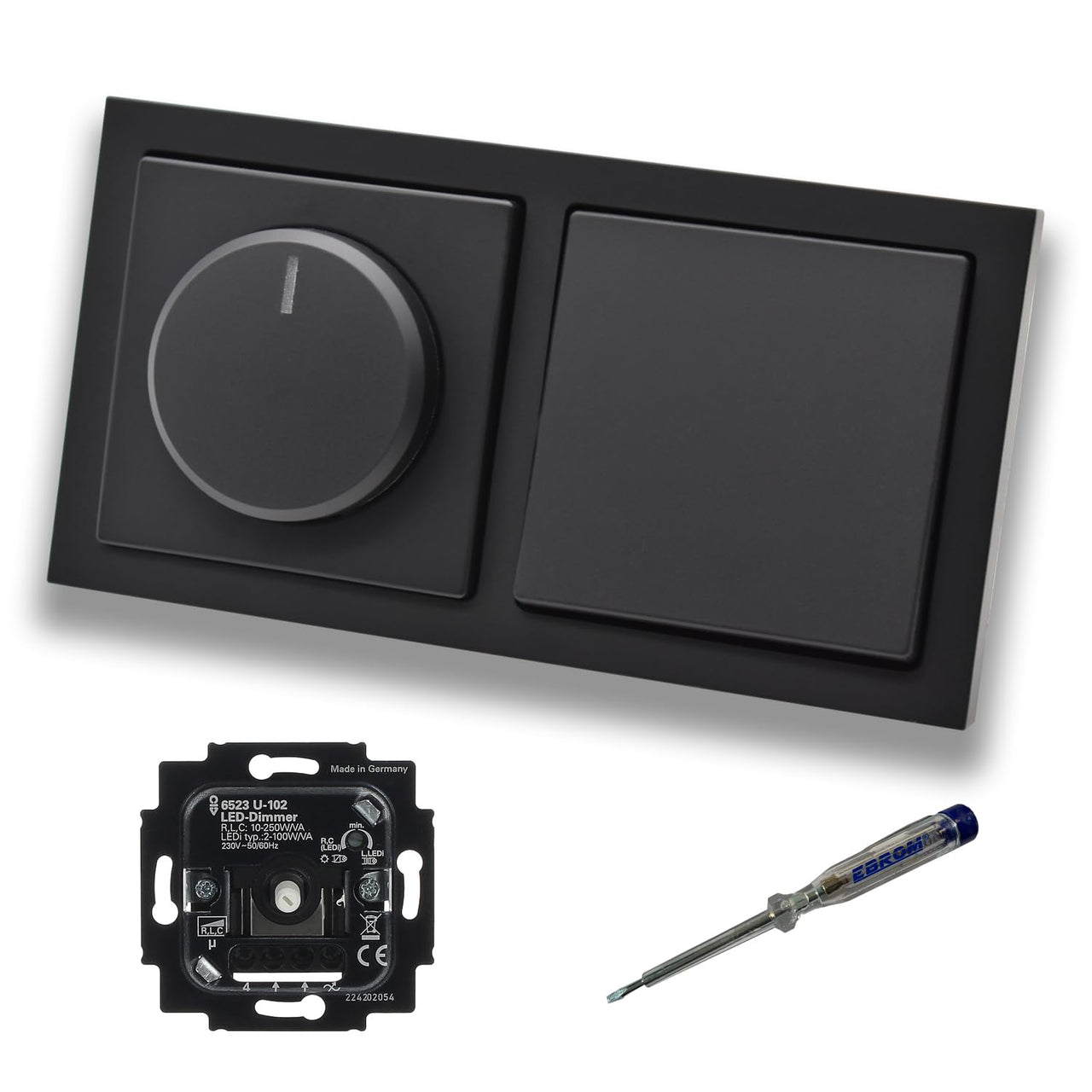 Busch Jäger 6523U-102 LED Drehdimmer Dimmer + Dimmerscheibe 6540-885-102 und Lichttaster 2020 US in Future Linear schwarz matt inklusive EBROM Phasenprüfer zur Montage der Geräte 6523 U – 102