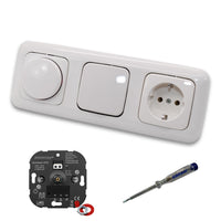 EBROM 1003 Universal ECO LED Drehdimmer Dimmer + Busch Jäger Scheibe 2115-214 + Lichtschalter 2000/6US + Steckdose Kinderschutz 20EUCKS-214 Reflex Si alpinweiß + EBROM Phasenprüfer z. Montage d.Geräte