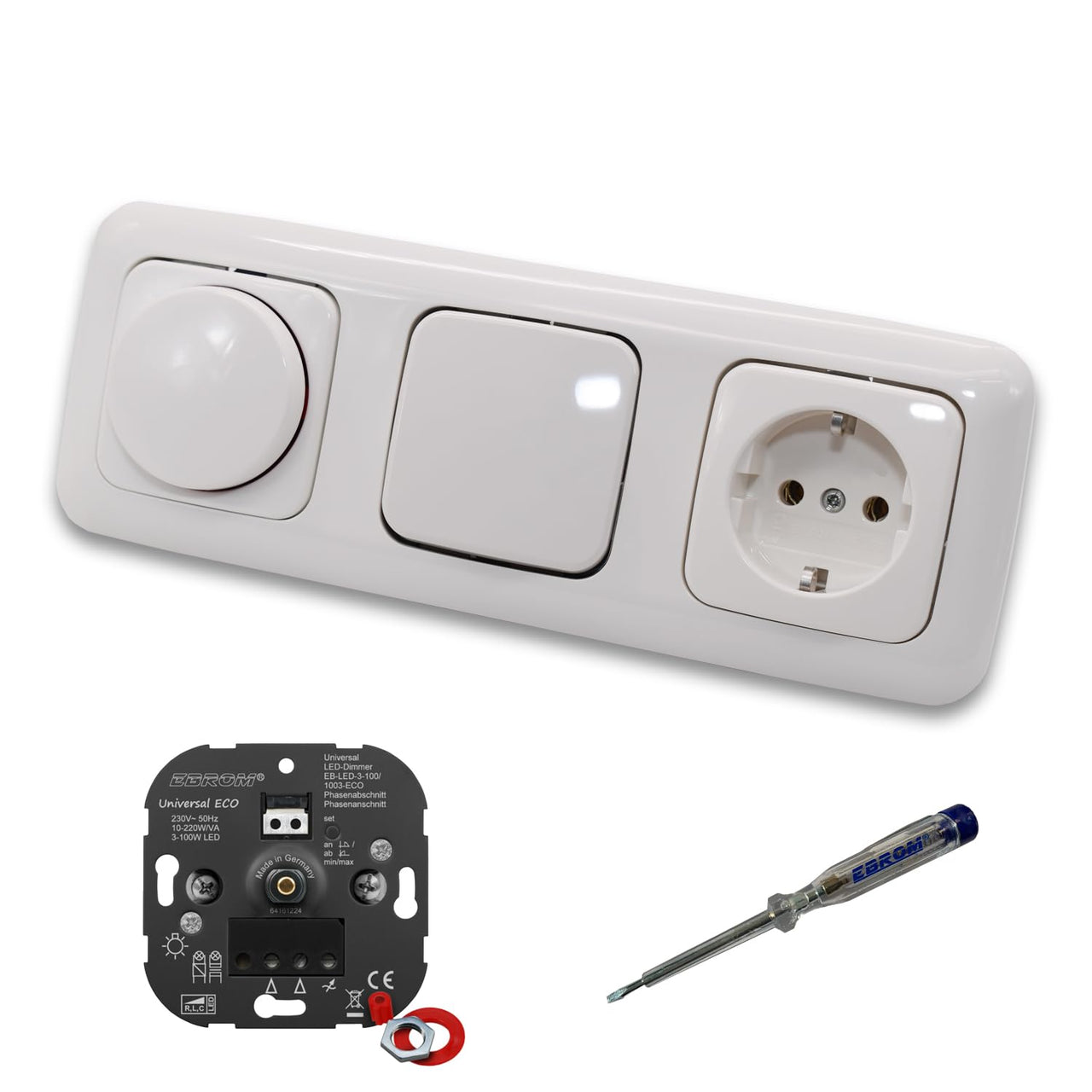 EBROM 1003 Universal ECO LED Drehdimmer Dimmer + Busch Jäger Dimmerscheibe 2115-214 + Taster 2020US + Steckdose 20EUC-214 Reflex Si alpinweiß glänzend + EBROM Phasenprüfer z. Montage der Geräte