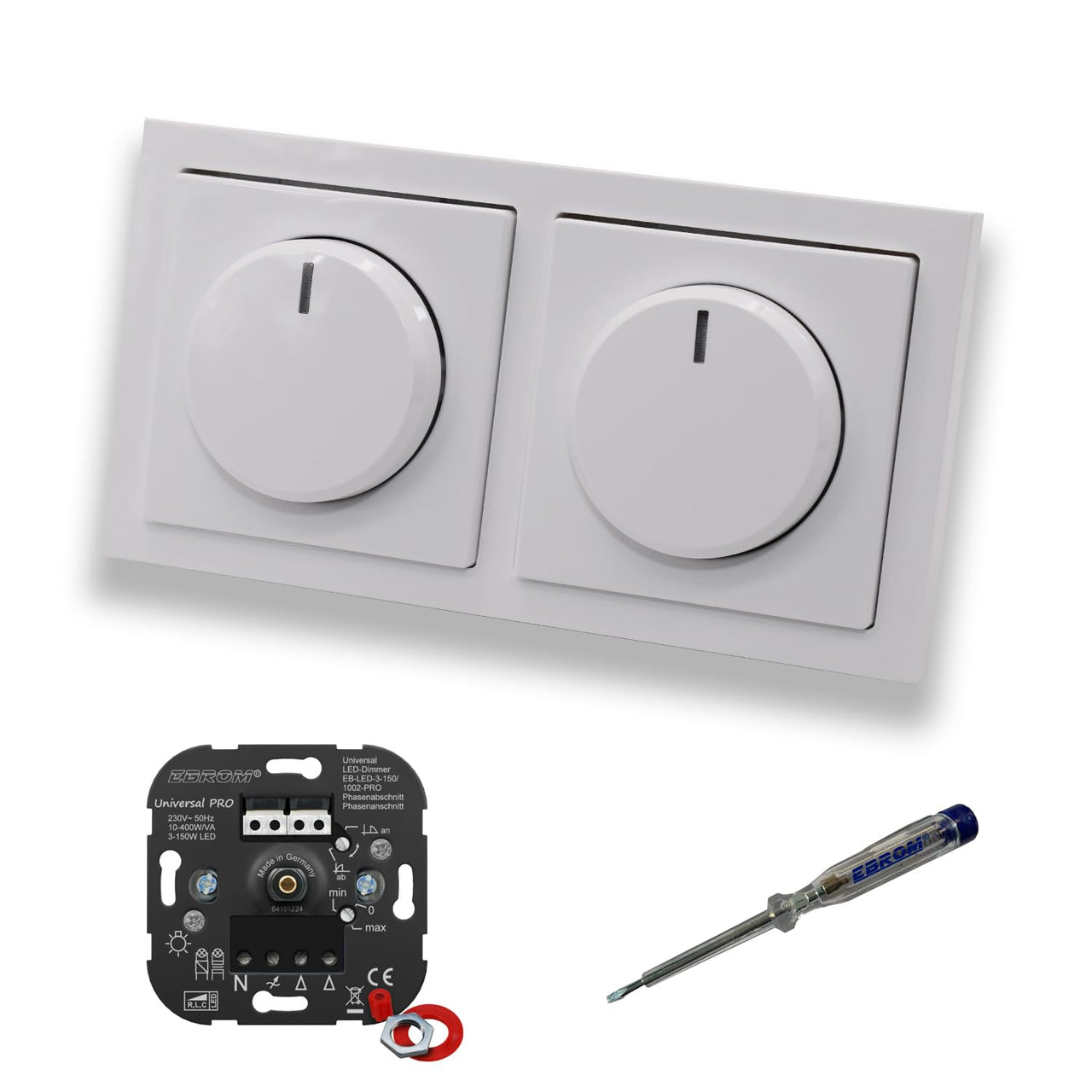 EBROM 1002 Universal PRO (2 Stück) LED Drehdimmer Dimmer + Busch Jäger Dimmerscheiben 6540-84-102 in Future Linear Studioweiß glänzend im 2-fach Rahmen inkl. EBROM Phasenprüfer zur Montage der Geräte