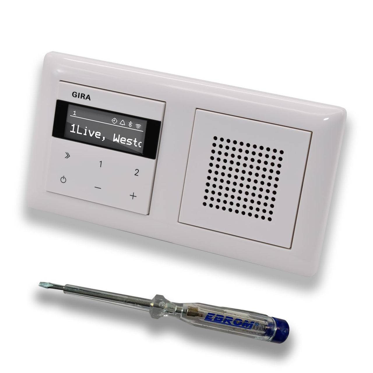 Gira Unterputz IP Internetradio 232003 + Bluetooth Komplett-Set mit Lautsprecher - System 55 - reinweiß glänzend mit 2fach Rahmen Gira 021203 inkl. EBROM Phasenprüfer zur Montage der Geräte
