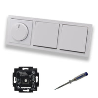 Busch Jäger 6523U-102 LED Drehdimmer Dimmer + Dimmerscheibe 6540-84-102 + 2 x Kreuzschalter 2000/7 US Future Linear Studioweiß glänzend inklusive EBROM Phasenprüfer zur Montage der Geräte 6523 U – 102