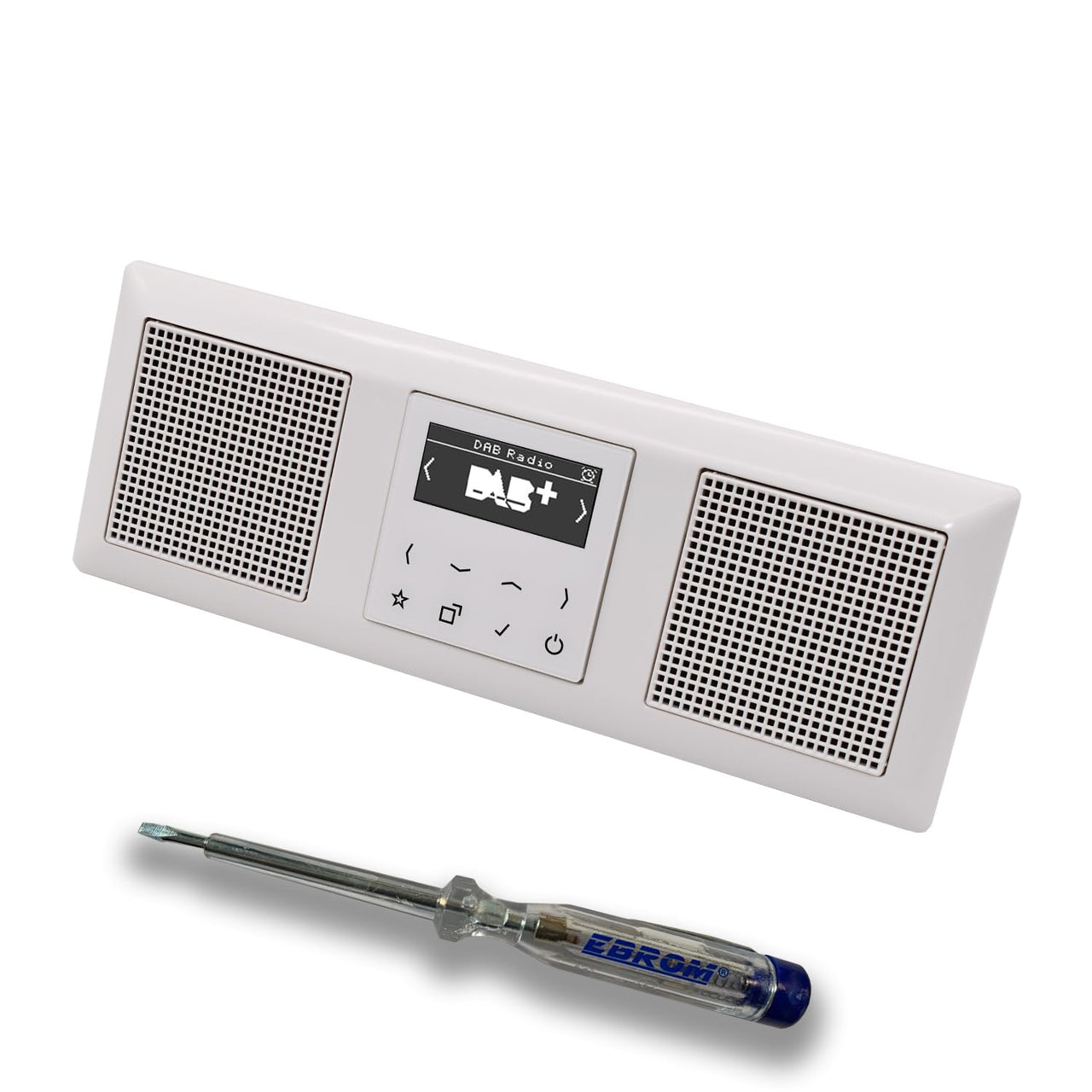JUNG Smart Radio Unterputzradio DABAWW DAB+ Komplettset + 3-fach Rahmen im JUNG AS 500 System, Farbe: alpinweiß, 2 x passende Lautsprecher und EBROM Phasenprüfer zur Montage der Geräte