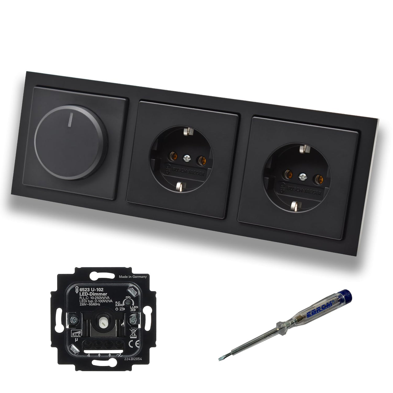 Busch Jäger 6523U-102 LED Drehdimmer Dimmer + Scheibe 6540-885-102 + 2 x Steckdose mit Kinderschutz 20EUCKS-885 Future Linear schwarz matt + EBROM Phasenprüfer zur Montage der Geräte 6523 U – 102