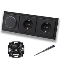 Busch Jäger 6523U-102 LED Drehdimmer Dimmer + Scheibe 6540-885-102 + 2 x Steckdose mit Kinderschutz 20EUCKS-885 Future Linear schwarz matt + EBROM Phasenprüfer zur Montage der Geräte 6523 U – 102