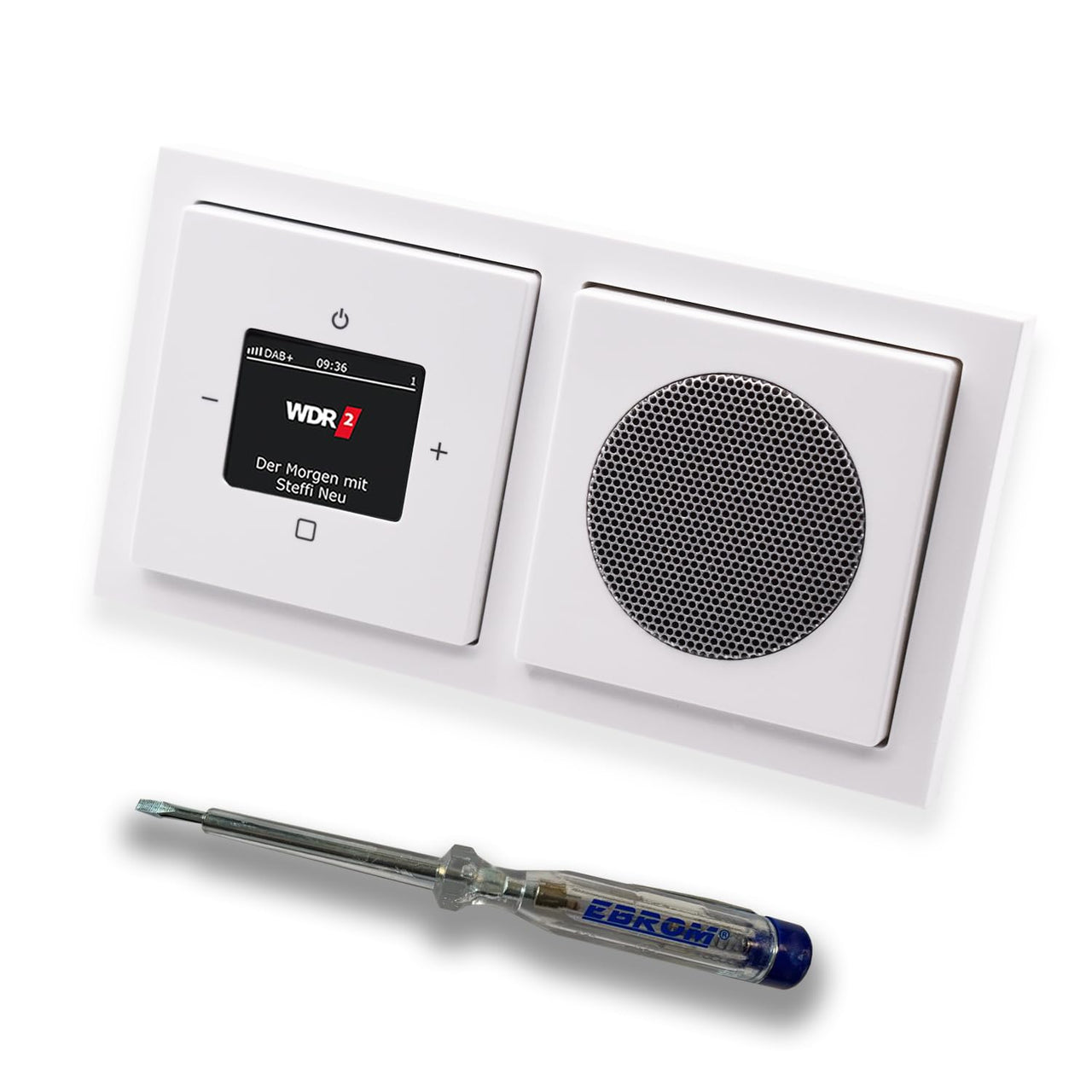 Busch Jäger DAB+ (DAB PLUS) Unterputz Radio 8215U-101 Future Linear Studioweiß, Komplett-Set mit Lautsprecher, Abdeckungen, Rahmen + EBROM Phasenprüfer zur Montage d. Geräte - 8215 U – 101
