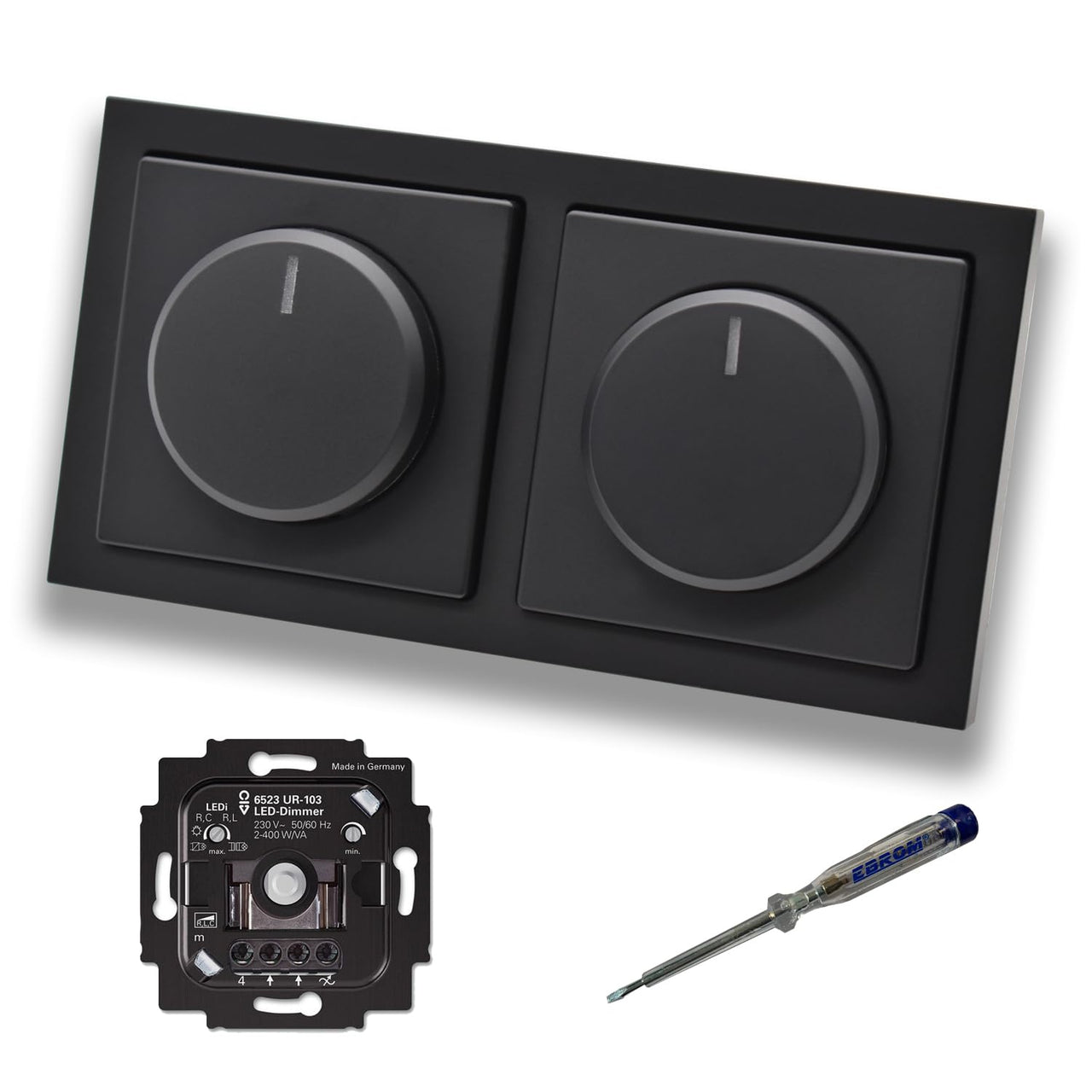 Busch Jäger 6523UR-103 (2 Stück) LED Drehdimmer Dimmer + Dimmerscheiben 6540-885-102 in Future Linear schwarz matt im 2-fach Rahmen + EBROM Phasenprüfer zur Montage der Geräte 6523 UR-103