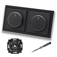 Busch Jäger 6523UR-103 (2 Stück) LED Drehdimmer Dimmer + Dimmerscheiben 6540-885-102 in Future Linear schwarz matt im 2-fach Rahmen + EBROM Phasenprüfer zur Montage der Geräte 6523 UR-103
