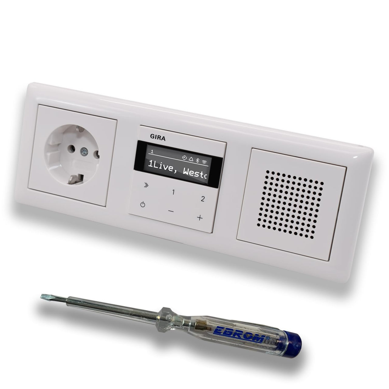 Gira Unterputz IP Internetradio 232003 + Bluetooth KomplettSet + Lautsprecher + Steckdose - System 55 - reinweiß glänzend im 3fach Rahmen Gira 021303 inkl. EBROM Phasenprüfer zur Montage der Geräte