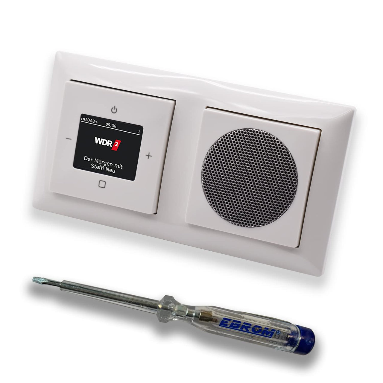 Busch Jäger DAB+ (DAB PLUS) Unterputz Radio 8215U-101 Balance SI alpinweiß, Komplett-Set mit Lautsprecher, Abdeckungen und Rahmen + EBROM Phasenprüfer zur Montage der Geräte - 8215 U – 101
