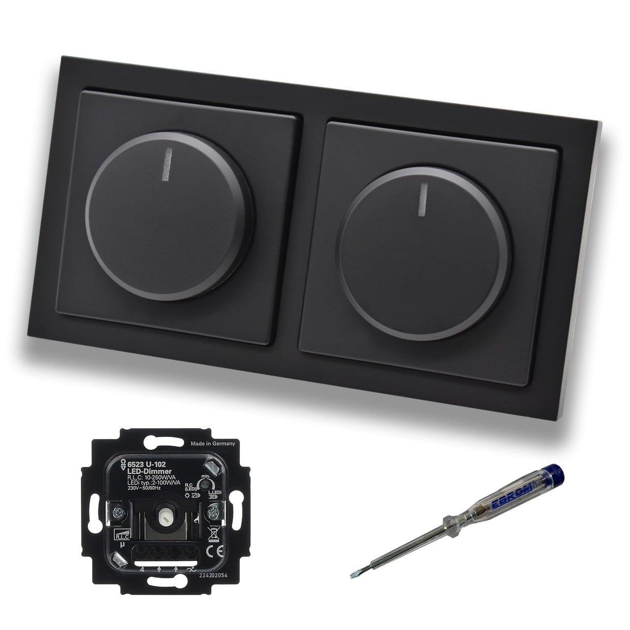 Busch Jäger 6523U-102 (2 Stück) LED Drehdimmer Dimmer + Dimmerscheiben 6540-885-102 in Future Linear schwarz matt im 2-fach Rahmen + EBROM Phasenprüfer zur Montage der Geräte 6523 U - 102