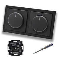Busch Jäger 6523U-102 (2 Stück) LED Drehdimmer Dimmer + Dimmerscheiben 6540-885-102 in Future Linear schwarz matt im 2-fach Rahmen + EBROM Phasenprüfer zur Montage der Geräte 6523 U - 102