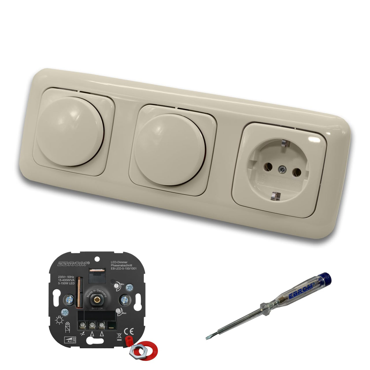 EBROM 1001 (2 x) LED Drehdimmer Dimmer + Busch Jäger Dimmerscheibe 2115-212 und Steckdose 20EUC-212 in DURO2000 cremeweiß glänzend inklusive EBROM Phasenprüfer zur Montage der Geräte