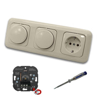 EBROM 1001 (2 x) LED Drehdimmer Dimmer + Busch Jäger Dimmerscheibe 2115-212 und Steckdose 20EUC-212 in DURO2000 cremeweiß glänzend inklusive EBROM Phasenprüfer zur Montage der Geräte