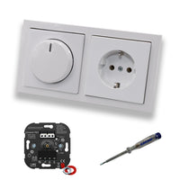 EBROM 1002 Universal PRO LED Drehdimmer Dimmer + Busch Jäger Dimmerscheibe 6540-84-102 + Steckdose Kinderschutz 20EUCKS-84 in Future Linear Studioweiß glänzend + EBROM Phasenprüfer z. Montage d Geräte