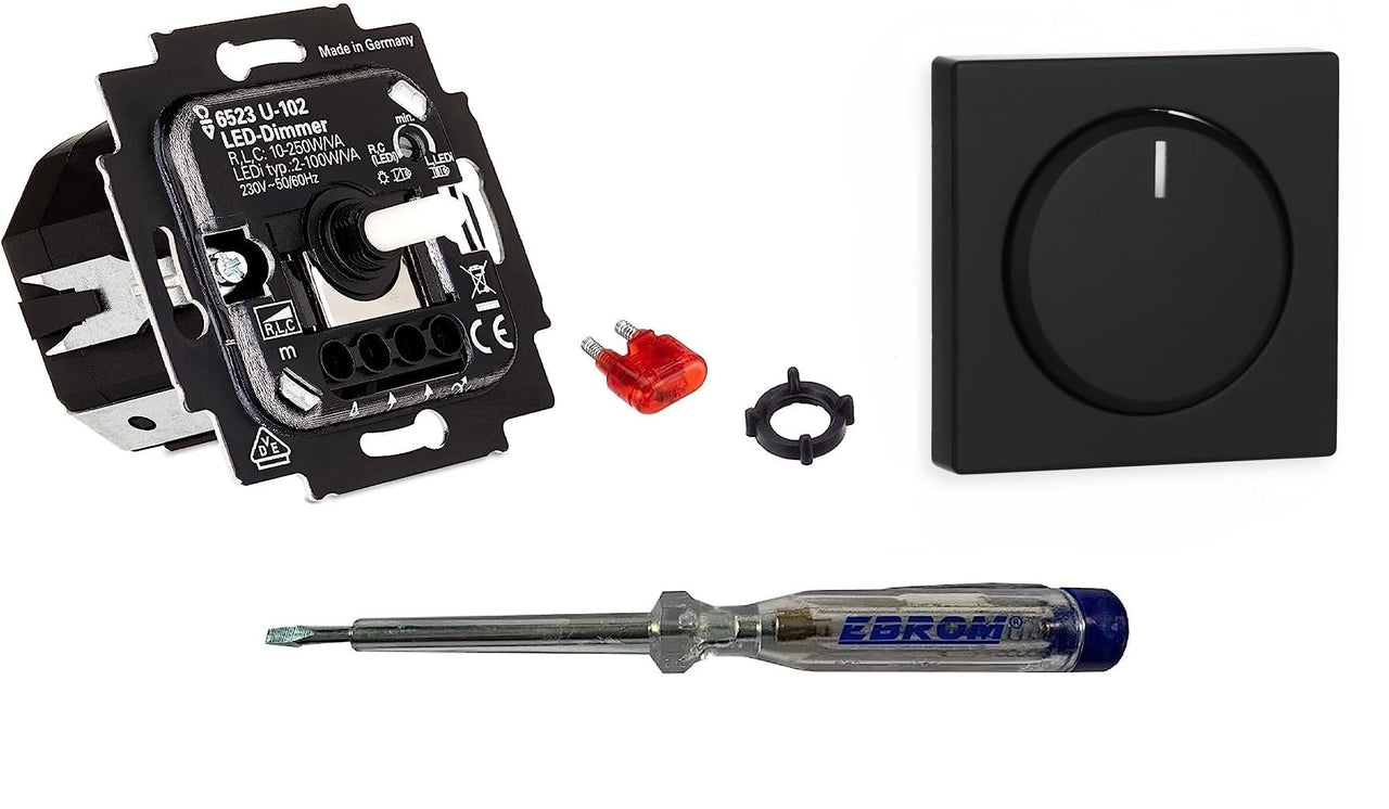Busch Jäger 6523U-102 LED-Drehdimmer LED-Dimmer mit Dimmerscheibe Zentralplatte 6540-81-102 in anthrazit glänzend inklusive EBROM Phasenprüfer zur Montage des Dimmers (6523 U – 102)
