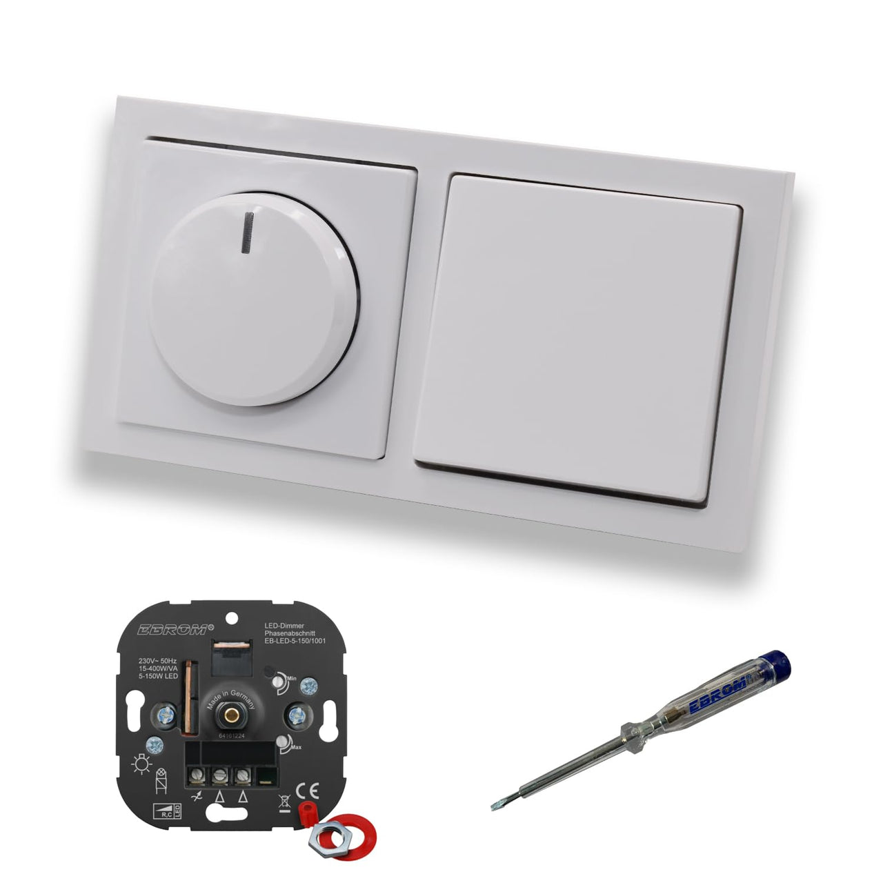 EBROM 1001 LED Drehdimmer Dimmer + Busch Jäger Dimmerscheibe 6540-84-102 und Lichtschalter 2000/6 US in Future Linear Studioweiß glänzend inklusive EBROM Phasenprüfer zur Montage der Geräte