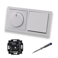 Busch Jäger 6523U-102 LED Drehdimmer Dimmer + Dimmerscheibe 6540-84-102 + Lichtschalter 2000/6 US in Future Linear Studioweiß glänzend inklusive EBROM Phasenprüfer zur Montage der Geräte 6523 U – 102