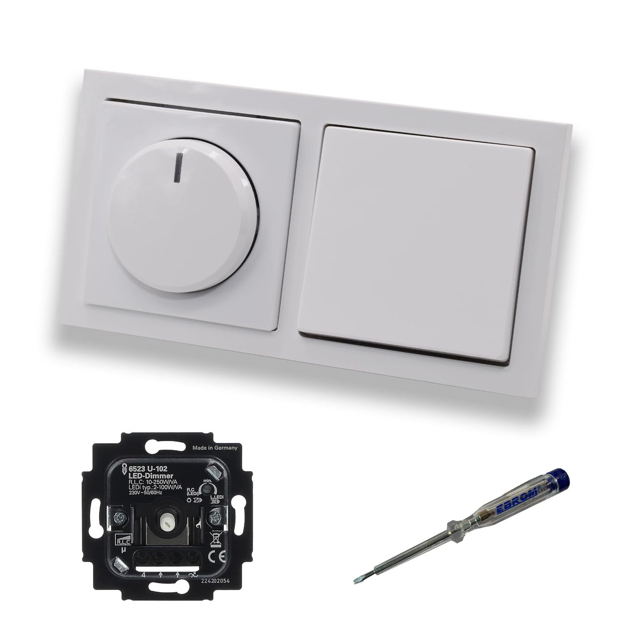 Busch Jäger 6523U-102 LED Drehdimmer Dimmer + Dimmerscheibe 6540-84-102 und Lichttaster 2020 US in Future Linear Studioweiß glänzend inklusive EBROM Phasenprüfer zur Montage der Geräte 6523 U – 102