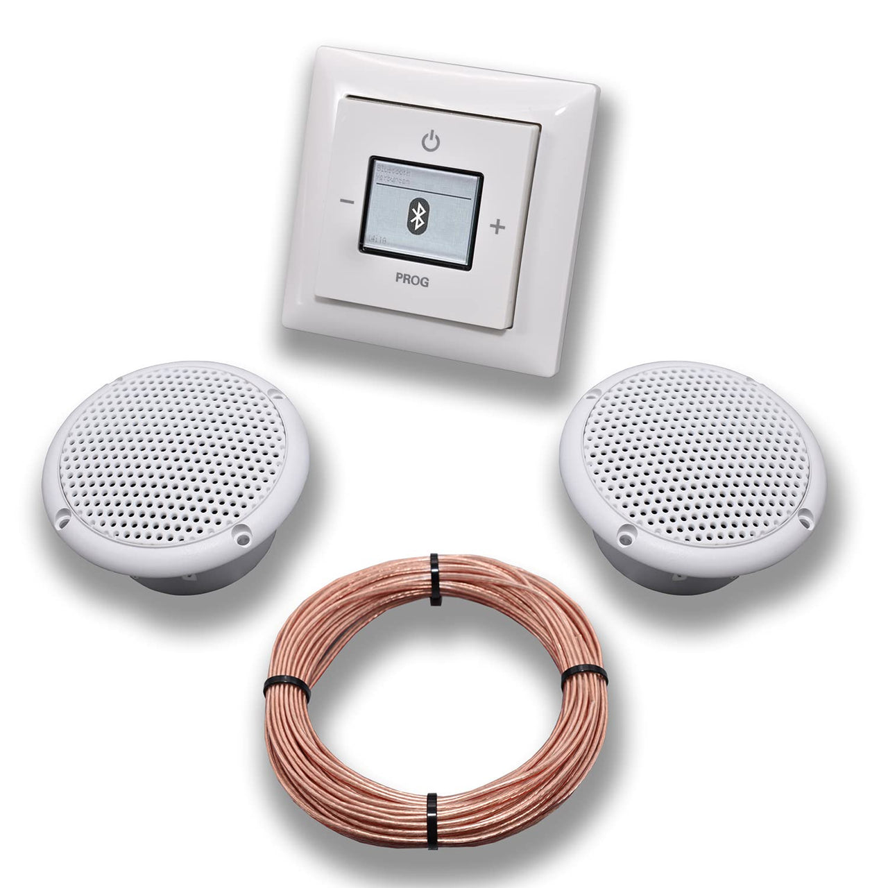 Busch Jäger Unterputz Bluetooth-Radio 8217U alpinweiß Komplett-Set Balance SI + 2 x Deckenlautsprecher (Feuchtraum/Badezimmer) Einbaulautsprecher + Radio + Abdeckung + Rahmen + 20 m Lautsprecherkabel