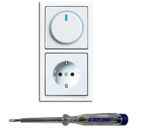 Busch Jäger 6523U-102 LED Drehdimmer Dimmer + Scheibe 6540-84-102 und Steckdose 20EUC-84 in Future Linear Studioweiß glänzend inklusive EBROM Phasenprüfer zur Montage der Geräte (6523 U – 102)