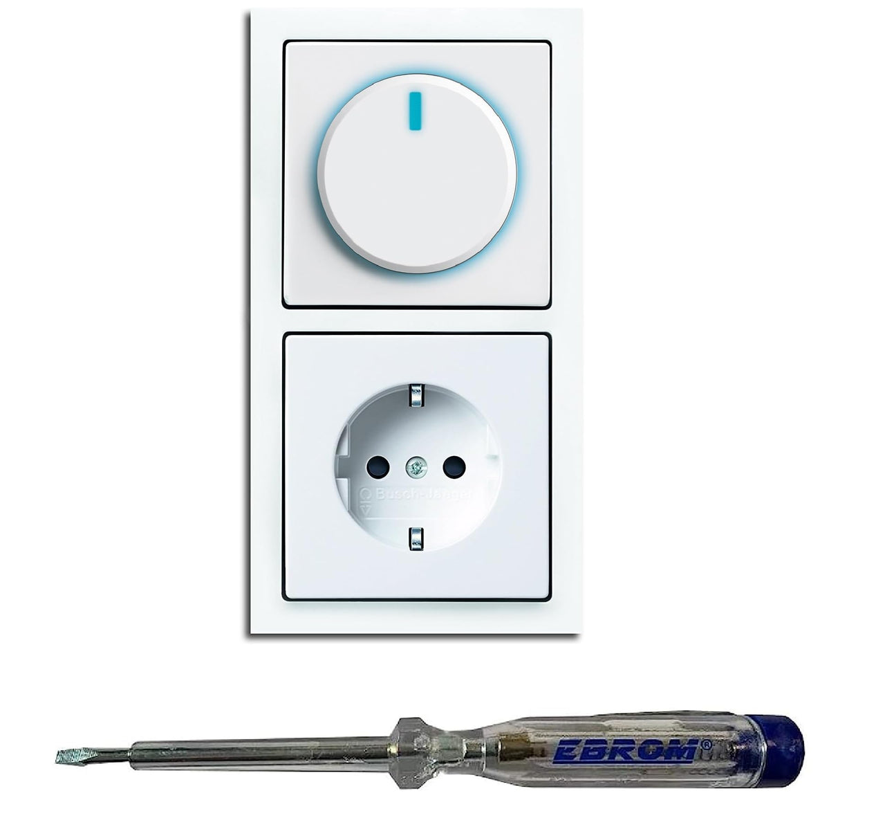 Busch Jäger 6523U-102 LED Drehdimmer Dimmer + Scheibe 6540-84-102 + Steckdose mit Kinderschutz 20EUCKS-84 in Future Linear Studioweiß glänzend + EBROM Phasenprüfer zur Montage d. Geräte (6523 U – 102)