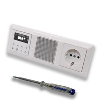 JUNG Smart Radio Unterputzradio DABAWW DAB+ Komplettset + 3-fach Rahmen im JUNG AS 500 System, alpinweiß, passender Lautsprecher, Steckdose + EBROM Phasenprüfer zur Montage der Geräte