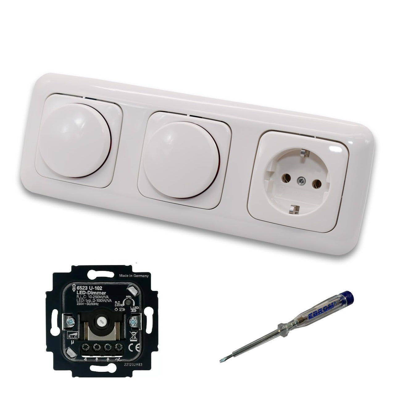 Busch Jäger 6523U-102 (2 x) LED Drehdimmer Dimmer + Scheiben 2115-214 und Steckdose mit Kinderschutz 20EUCKS-214 in Reflex Si alpinweiß glänzend + EBROM Phasenprüfer z. Montage der Geräte 6523 U – 102