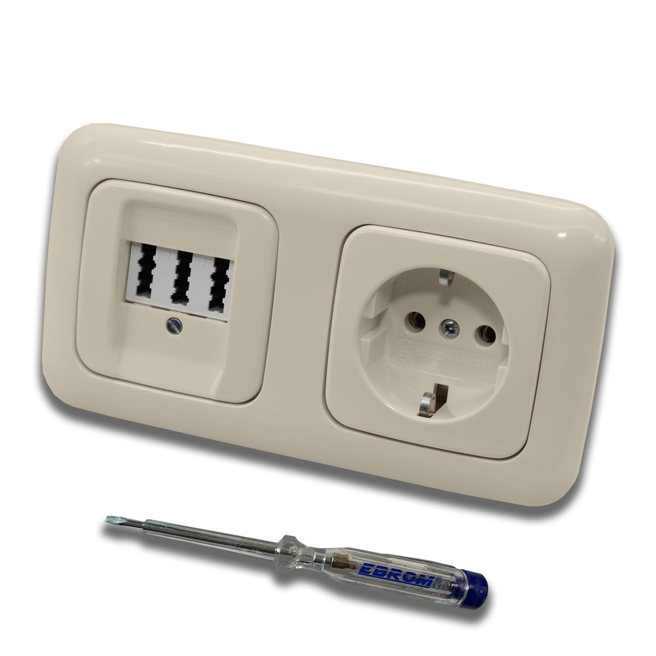 Busch Jäger Set: Unterputz Telefondose von EBROM, TAE 3x6 NFN für 1 Telefon und 2 Zusatzgeräte in DURO2000 cremeweiß, Rahmen und Steckdose 20EUC-212 + EBROM Phasenprüfer zur Montage der Geräte