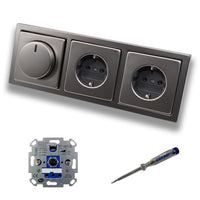 REV Ritter LED Drehdimmer Dimmer + Busch Jäger Dimmerscheibe 6540-866-102 und 2 x Steckdose mit Kinderschutz 20EUCKS-866 in PUR Edelstahl + EBROM Phasenprüfer z. Montage der Geräte ET1 66012B