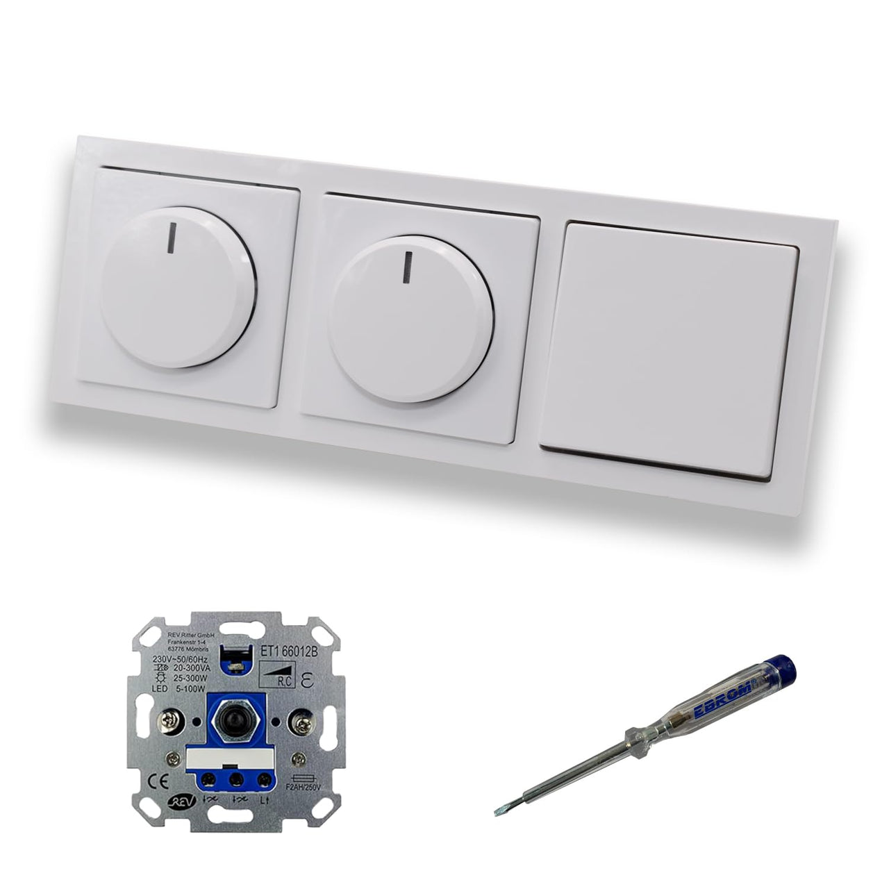 REV Ritter (2 x) LED Drehdimmer Dimmer + Busch Jäger Dimmerscheiben 6540-84-102 und Lichtschalter 2000/6 US in Future Linear Studioweiß glänzend inklusive EBROM Phasenprüfer zur Montage der Geräte